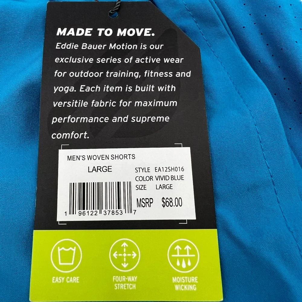 EDDIE BOUER LARGE GYM SHORTS BLUE MOTION TO MOVE, 4 WAY STRETCH MOISTURE WICKING